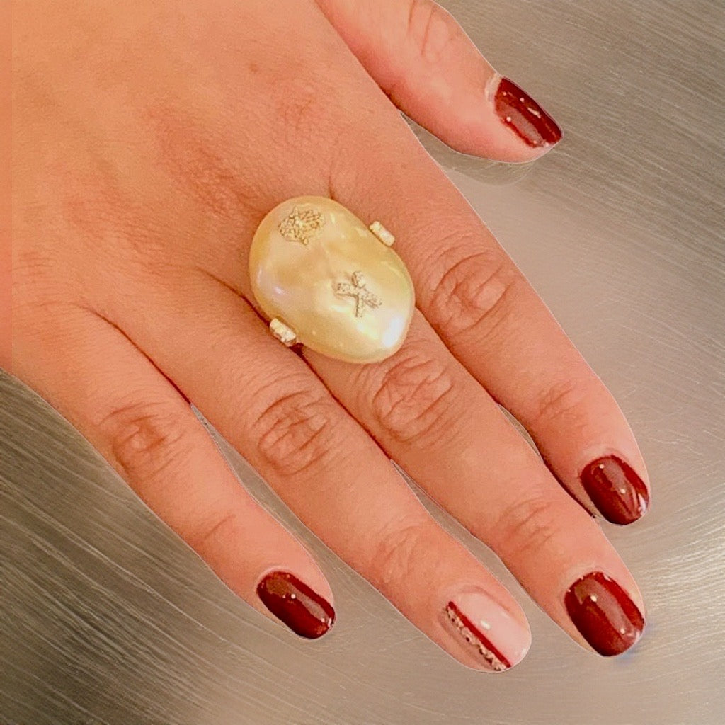 Diamond Freshwater Pearl Ring 14k Gold Baroque Women Certified $2,950 910803 - Certified Fine Jewelry