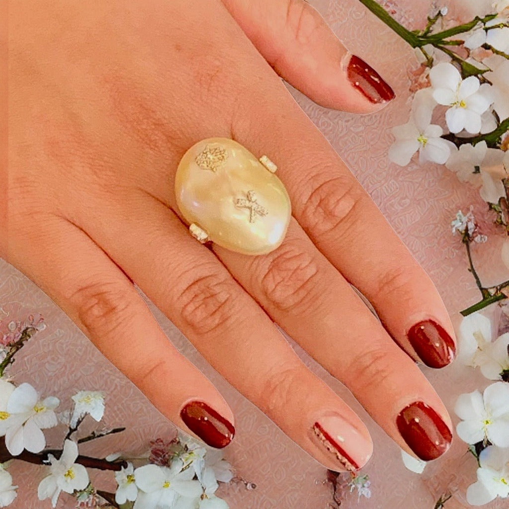Diamond Freshwater Pearl Ring 14k Gold Baroque Women Certified $2,950 910803 - Certified Fine Jewelry