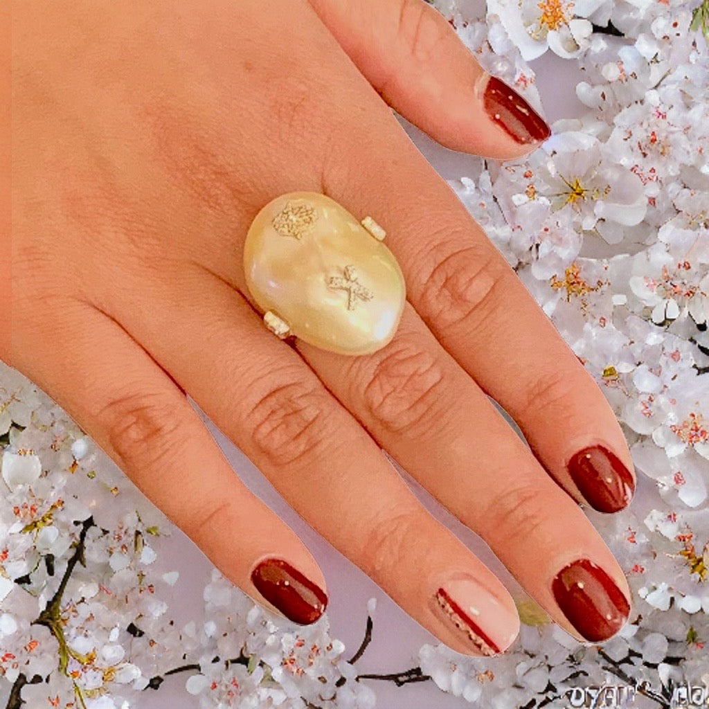 Diamond Freshwater Pearl Ring 14k Gold Baroque Women Certified $2,950 910803 - Certified Fine Jewelry