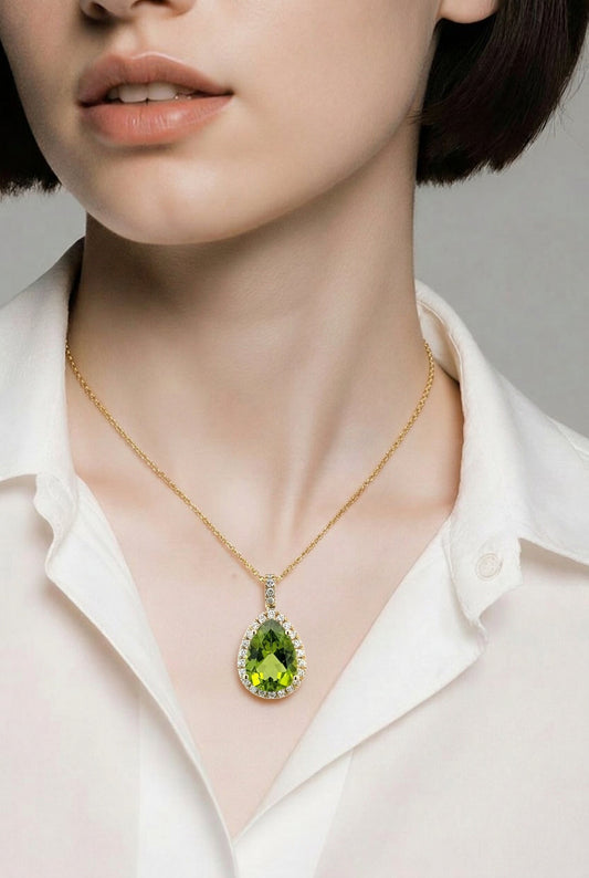 Natural Peridot Diamond Halo Pendant 18" 14k Gold 6.42 TCW Certified $4,950 601378