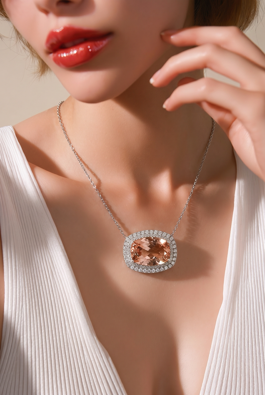 Natural Morganite Diamond Pendant 18" 14k White Gold 20.24 TCW Certified $7,950 601357