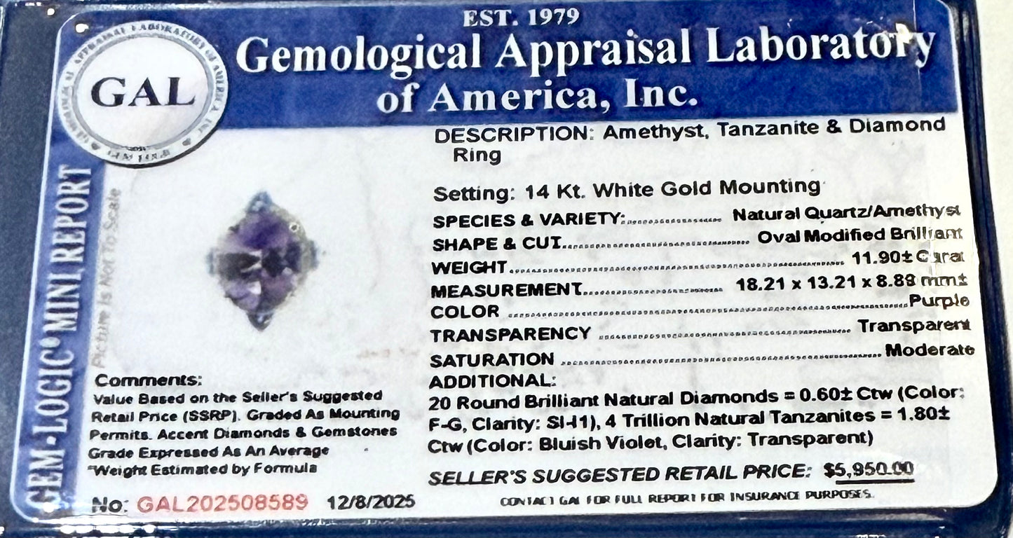 Natural Amethyst Tanzanite Diamond Ring Size 6.5 14k Gold 14.3 TCW Certified $5,950 508589