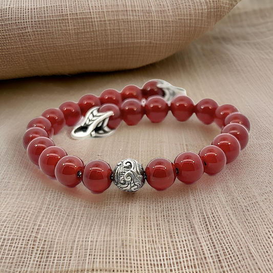 David Yurman Carnelian Carved Prayer Beads Bracelet 8" 8 mm Silver Estate DY614