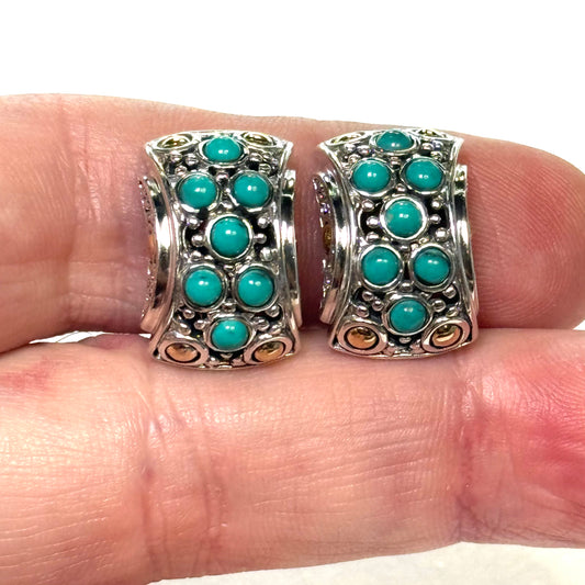 John Hardy Estate Turquoise Omega Back Earrings Sterling Silver 18k Gold JH120