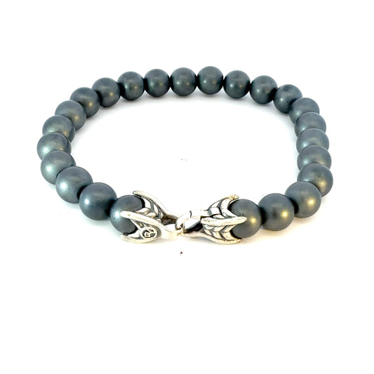 David Yurman Hematite Prayer Beads Bracelet 8" 8 mm Sterling Silver Estate DY612