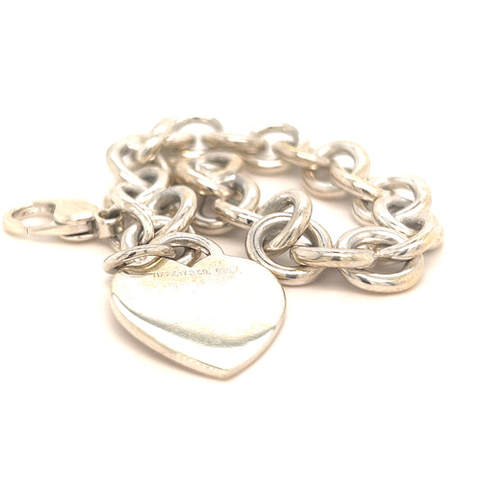 Tiffany & Co Estate Bracelet with Heart Charm Sterling Silver 7.5" 35.6 Grams TIF204