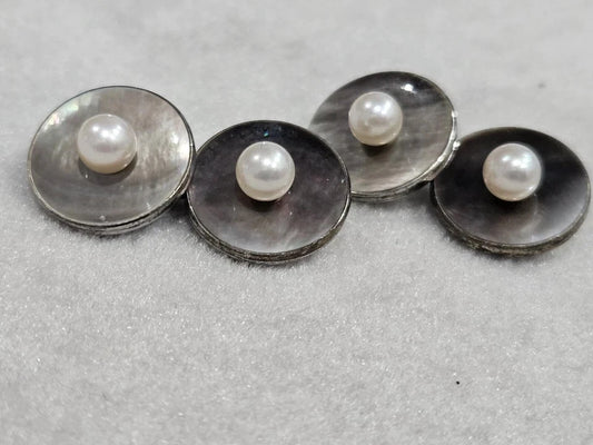 MIKIMOTO Sterling Silver Mop Pearl & Round White Pearl Cufflinks Estate M468