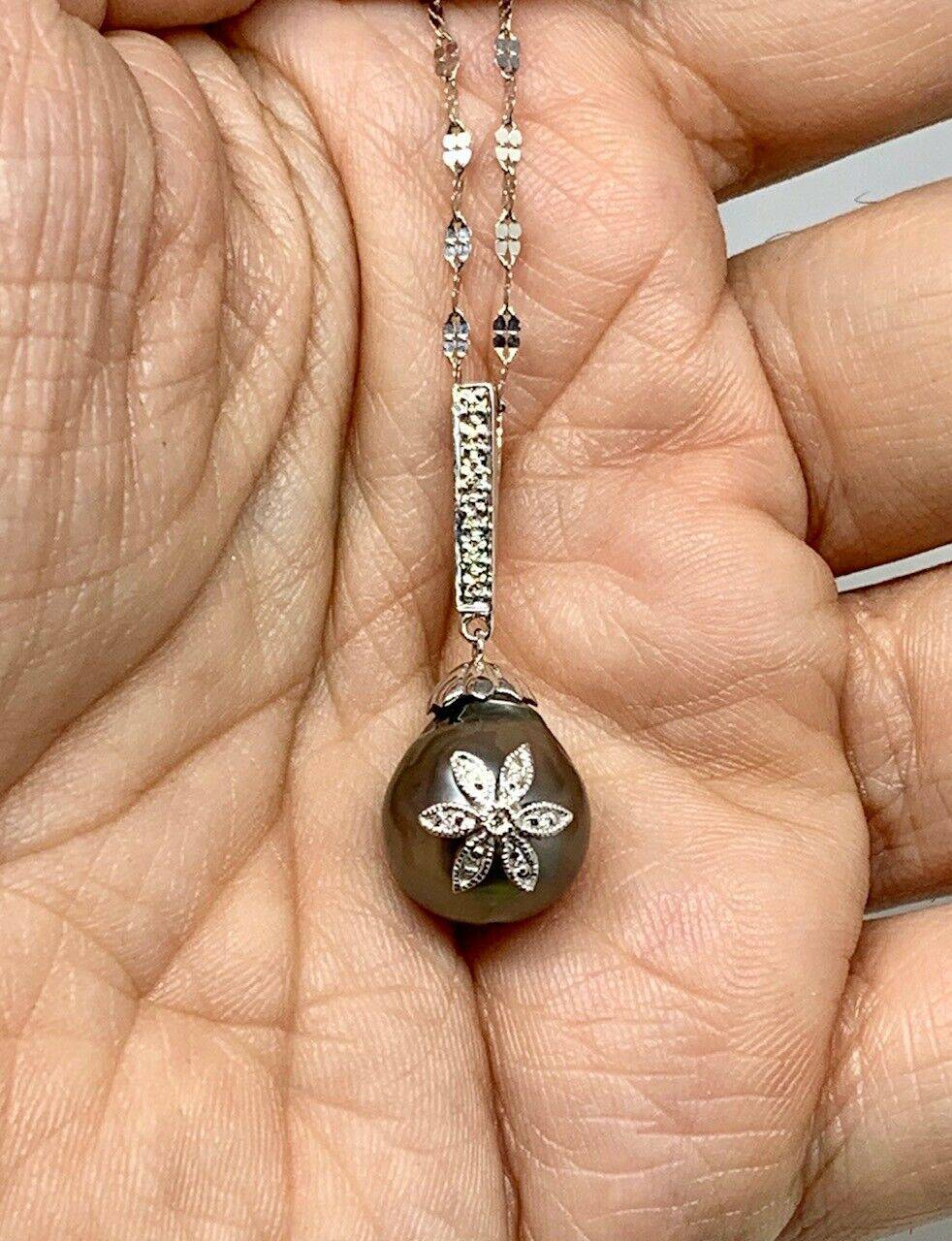 Diamond Tahitian Pearl Necklace 18k Gold 12.60 mm 16" Certified $895 910818 - Certified Fine Jewelry