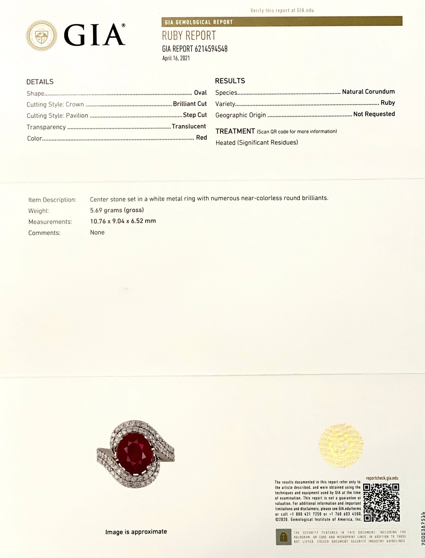 Natural Ruby Diamond Ring 14k Gold 6.32 TCW Size 6.5 GIA Certified $6,975 111872 - Certified Fine Jewelry