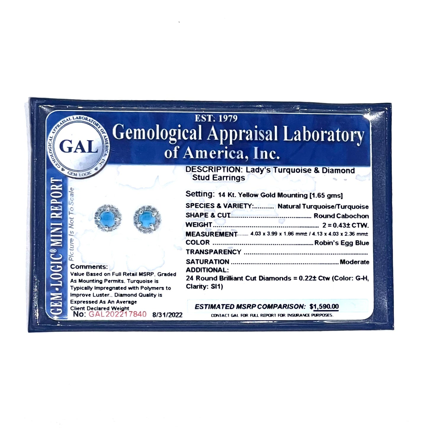 Natural Turquoise Diamond Stud Earrings 14k Yellow Gold 0.65 TCW Certified $1,590 217840 - Certified Fine Jewelry