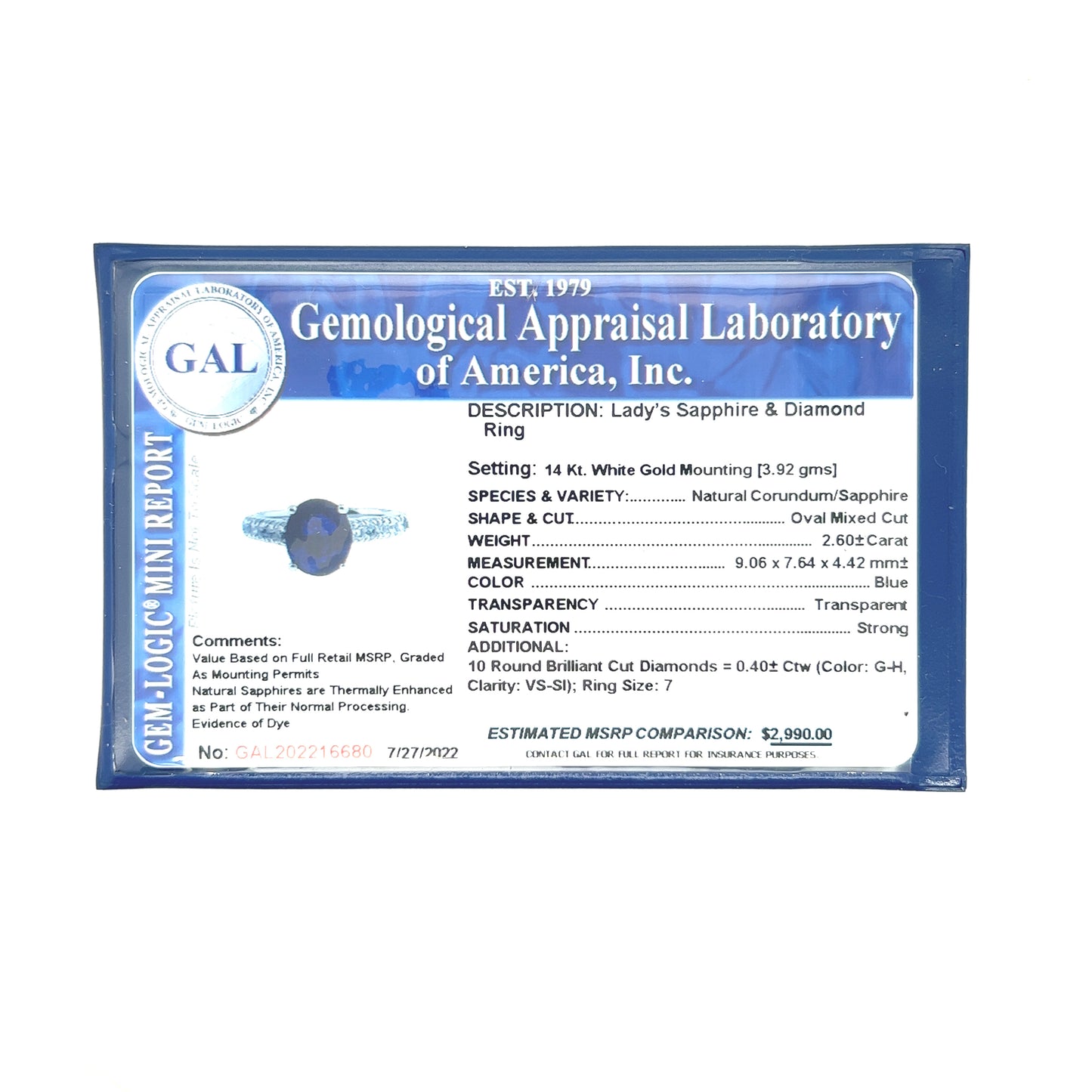 Natural Sapphire Diamond Ring Size 7 14k W Gold 3 TCW Certified $2,990 216680 - Certified Fine Jewelry