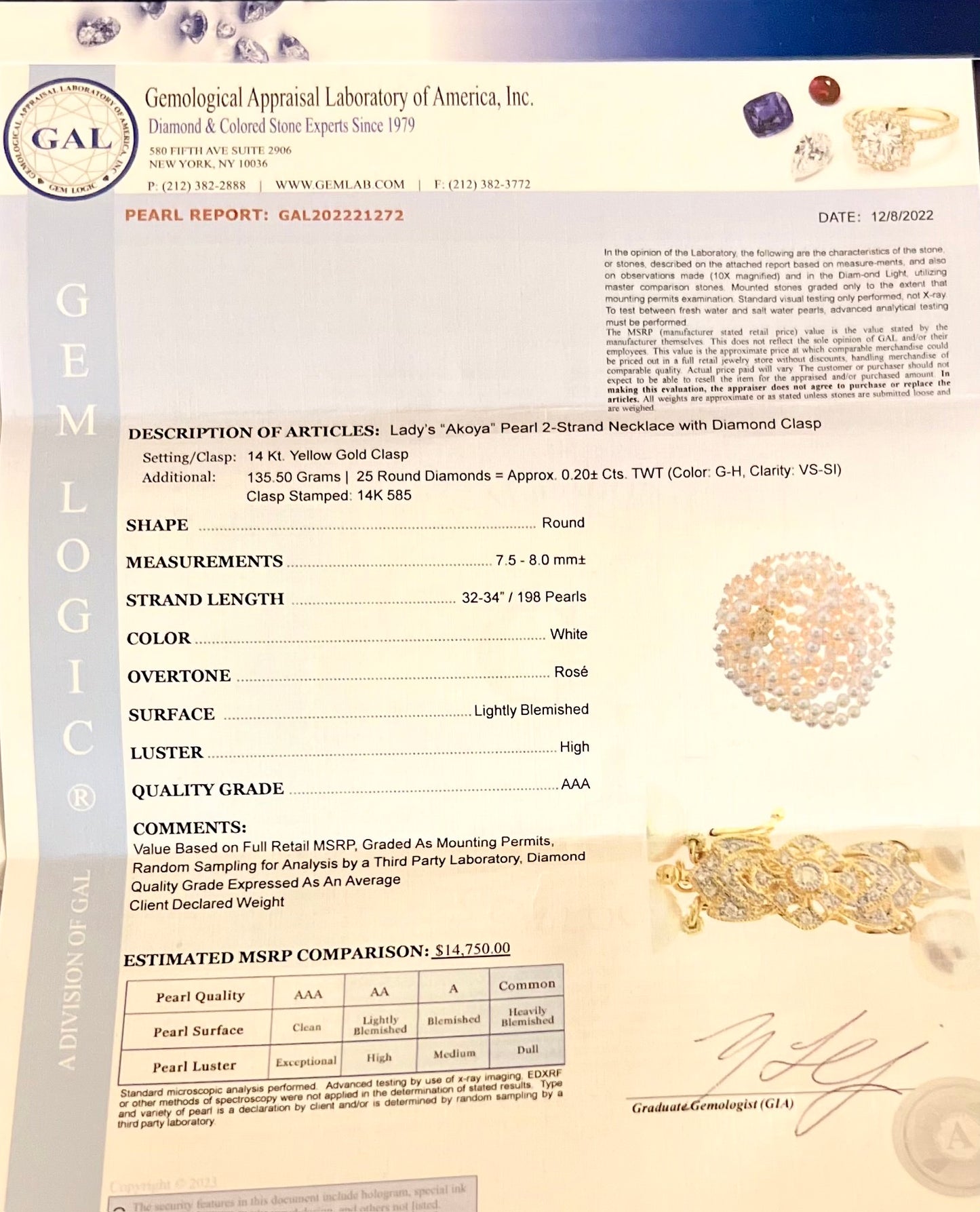 Akoya Pearl Diamond Necklace 32-34" 14k Y Gold 8 mm Certified $14,750 221272 - Certified Fine Jewelry