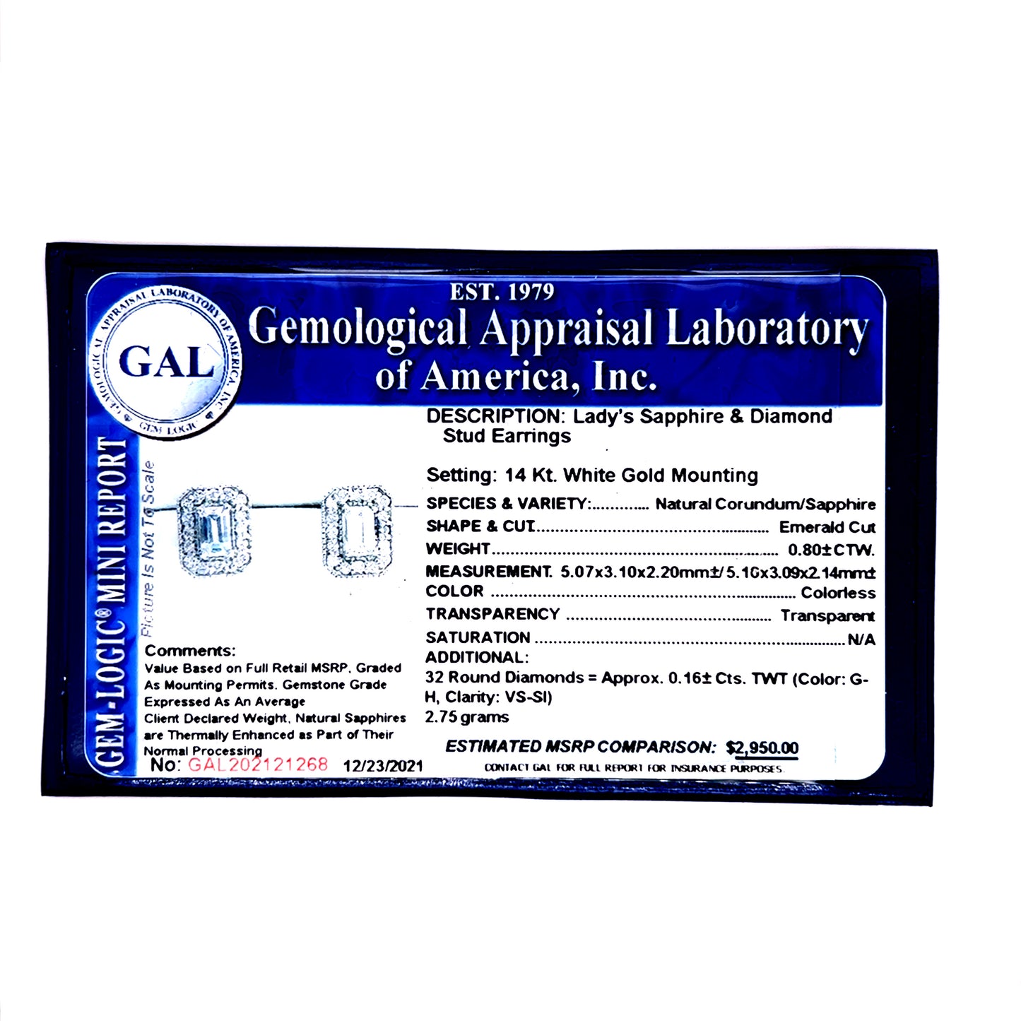 Natural Sapphire Diamond Stud Earrings 14k W Gold 0.96 TCW Certified $2950 121268 - Certified Fine Jewelry