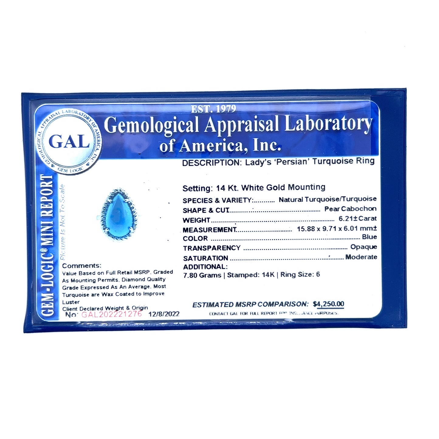 Natural Persian Turquoise Ring Size 6 14k White Gold 6.21 TCW Certified $4,250 221276 - Certified Fine Jewelry