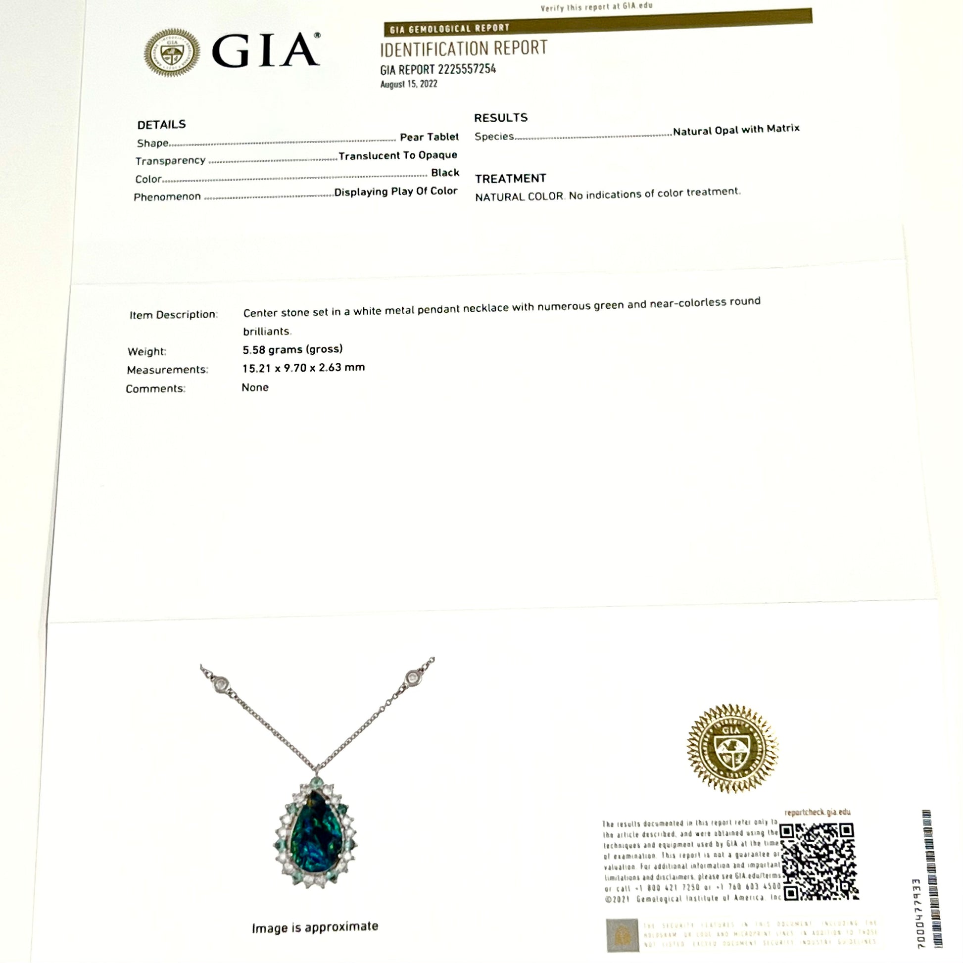 Natural Opal Diamond Pendant w/ 18" Gold Chain 3.25 TCW GIA Certified $8,950 211197 - Certified Fine Jewelry