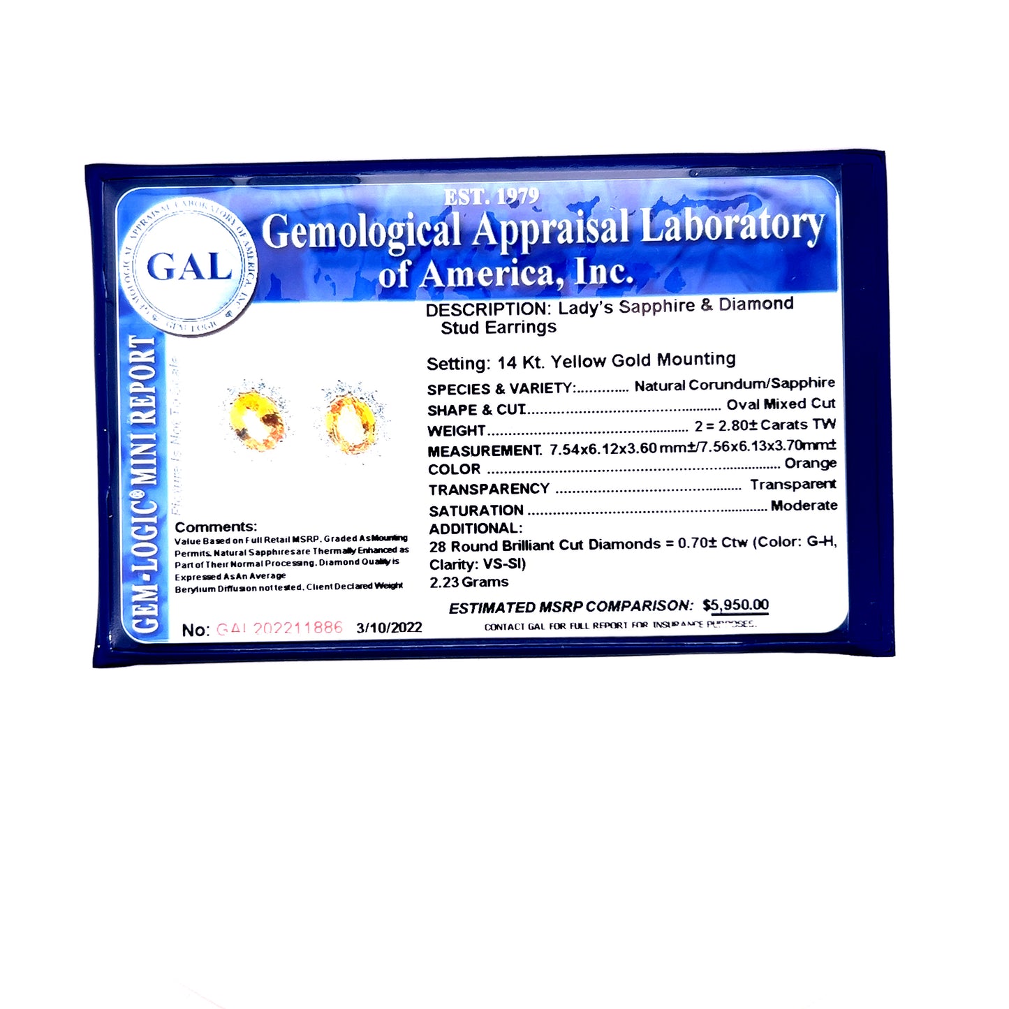 Natural Sapphire Diamond Stud Earrings 14k Gold 3.5 TCW Certified $5,950 211886 - Certified Fine Jewelry