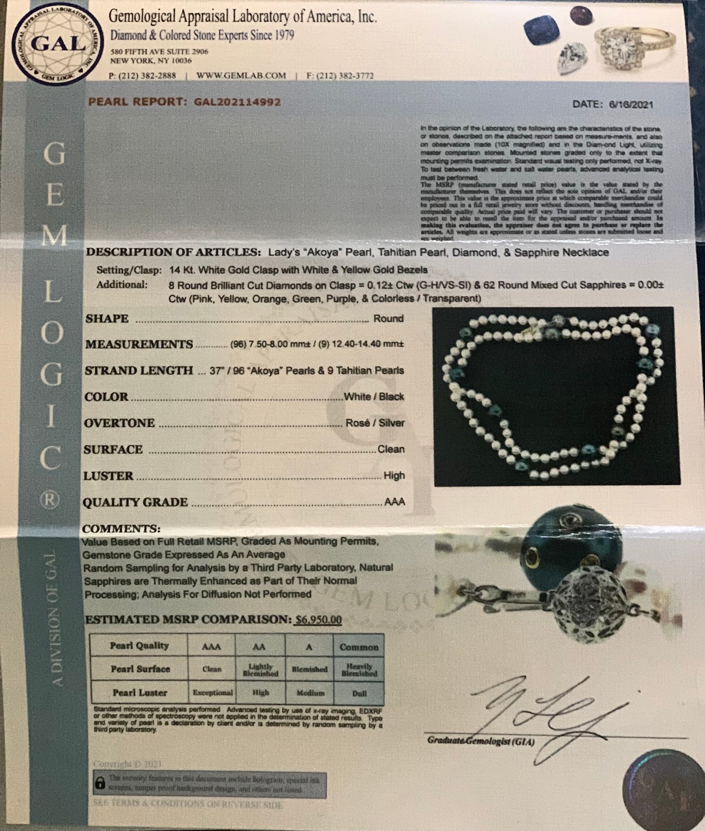 Akoya Tahitian Pearl Diamond Sapphire Necklace 14k Gold Certified $6,950 114992 - Certified Fine Jewelry