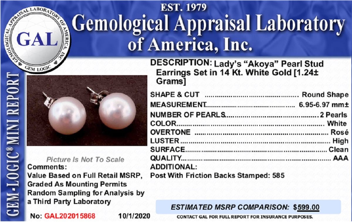 Akoya Pearl Earrings 14k White Gold 6.97 mm Certified $599 015868 - Certified Fine Jewelry