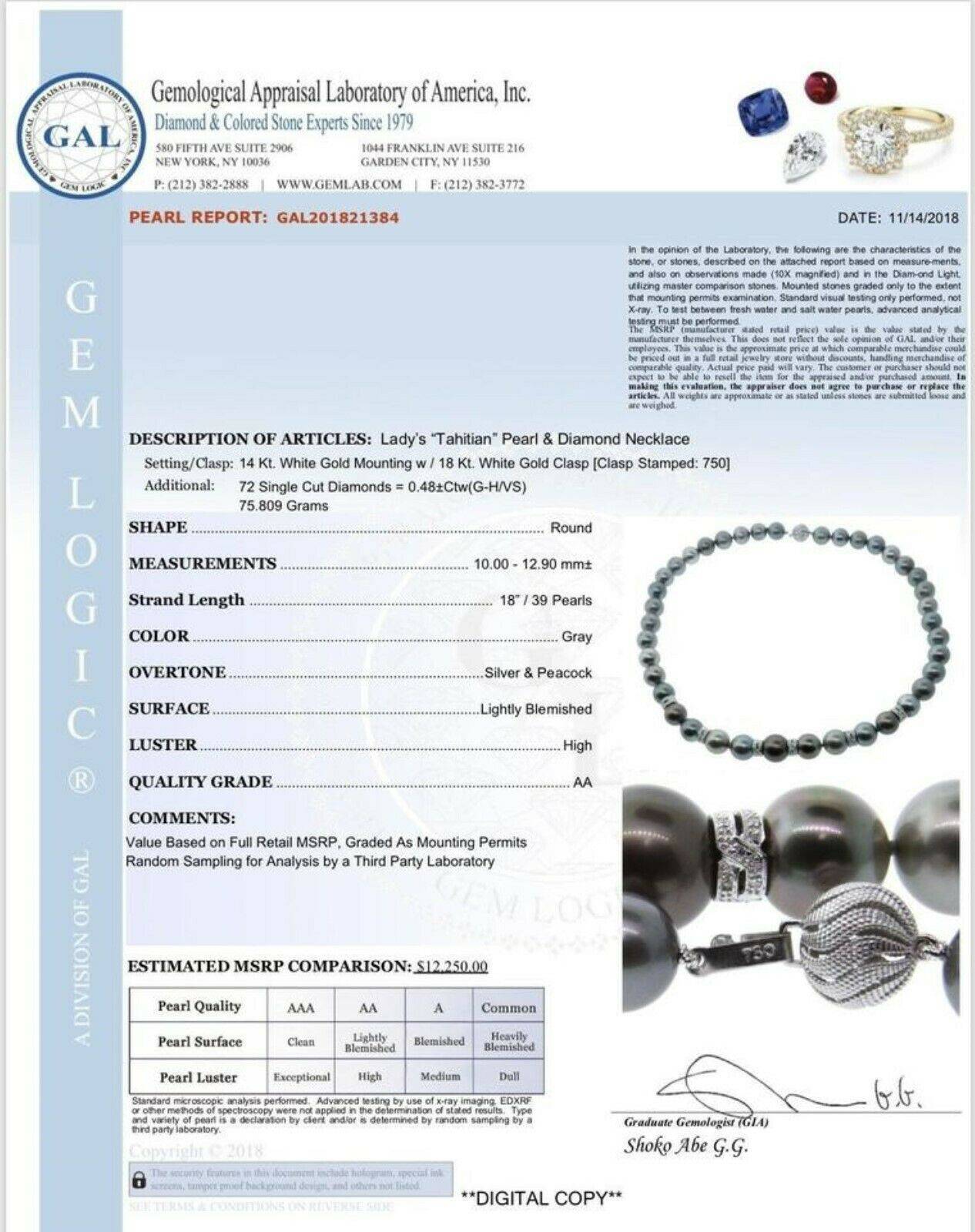 Diamond Tahitian Pearl Necklace 18k Gold 12.9 mm 18" Certified $12,250 821384 - Certified Fine Jewelry