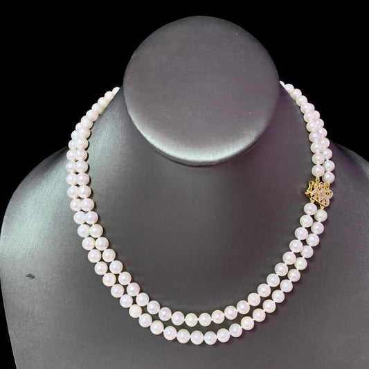 Diamond Akoya Pearl 2-Strand Necklace 17" 18k Gold 6.5mm Certified $6,900 120673 - Certified Fine Jewelry