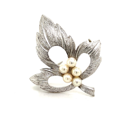 Mikimoto Estate Akoya Pearl Leaf Brooch Pin Sterling Silver 4.5 mm M296 - Certified Fine Jewelry