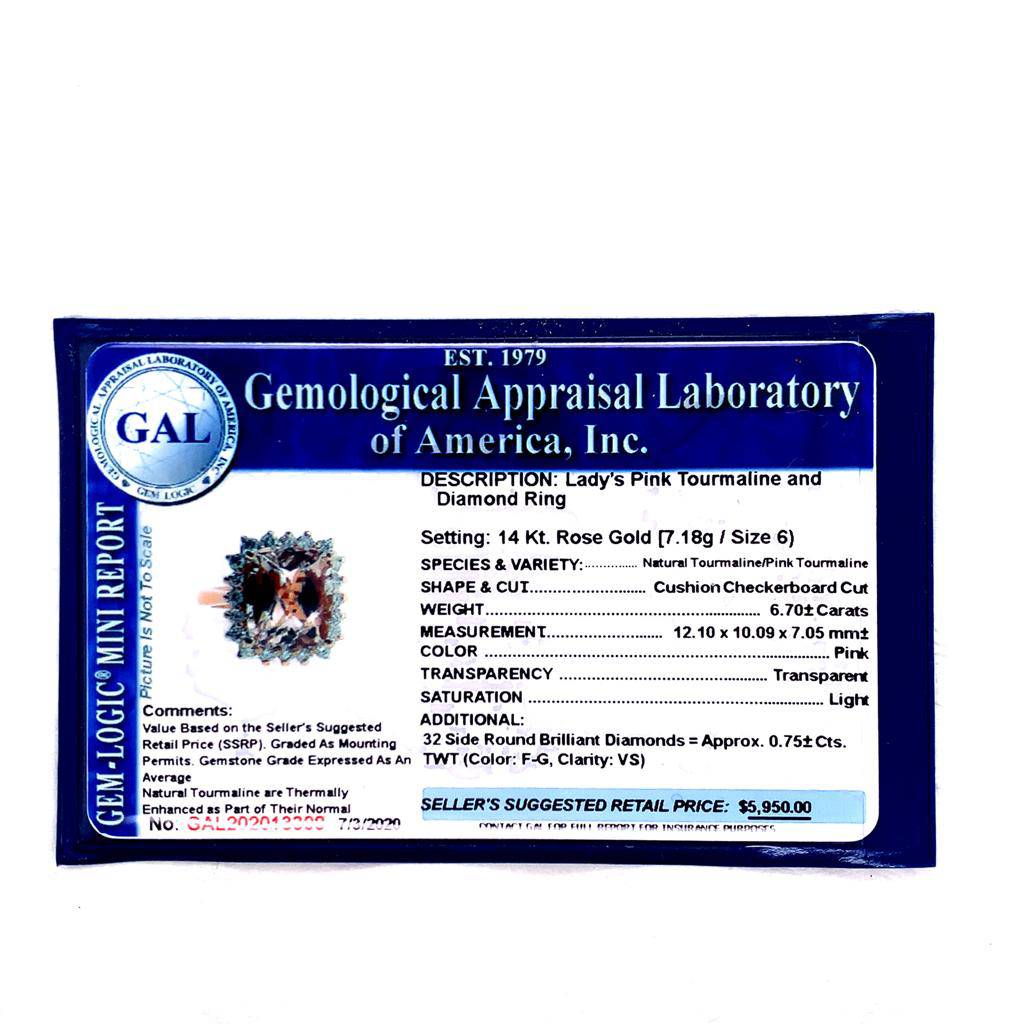 Tourmaline Rubellite Diamond Ring 14 kt 7.45 tcw Certified $5,950 013308 - Certified Fine Jewelry