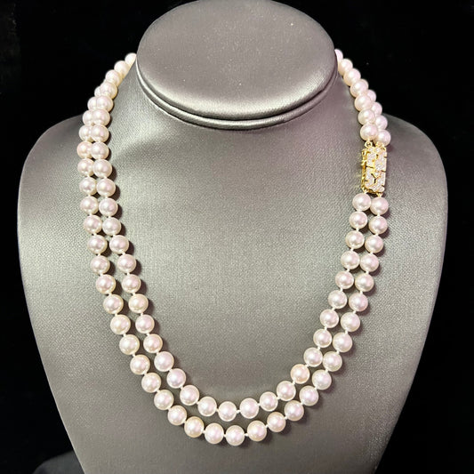Akoya Pearl Diamond 2-Strand Gold Necklace 7.5 mm 19.25" Certified $9,975 210643 - Certified Fine Jewelry