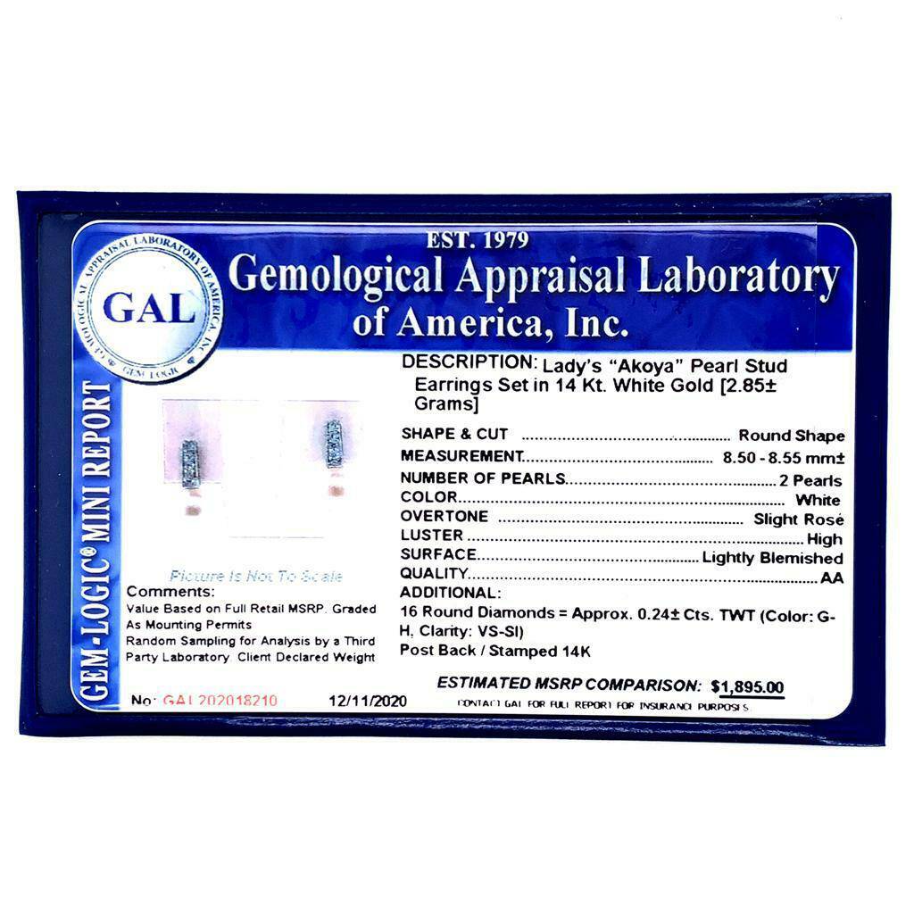 Diamond Akoya Pearl Earrings 14 KT 8.55 mm Certified $1,895 018210 - Certified Fine Jewelry