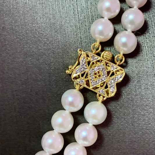 Diamond Akoya Pearl 2-Strand Necklace 17" 18k Gold 6.5mm Certified $6,900 120673 - Certified Fine Jewelry