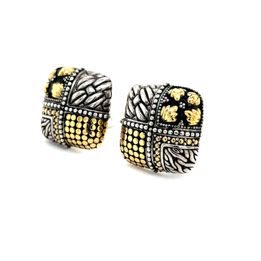 John Hardy Estate Square Ornate Clip-on Earrings 18k Y Gold + Sterling Silver JH27 - Certified Fine Jewelry