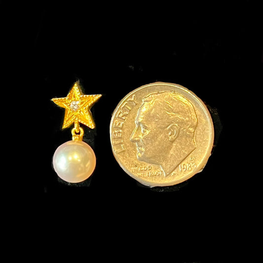 Mikimoto Estate Akoya Pearl Diamond Tie Pin 18k Y Gold 0.05 Ct 7.20 mm M292 - Certified Fine Jewelry