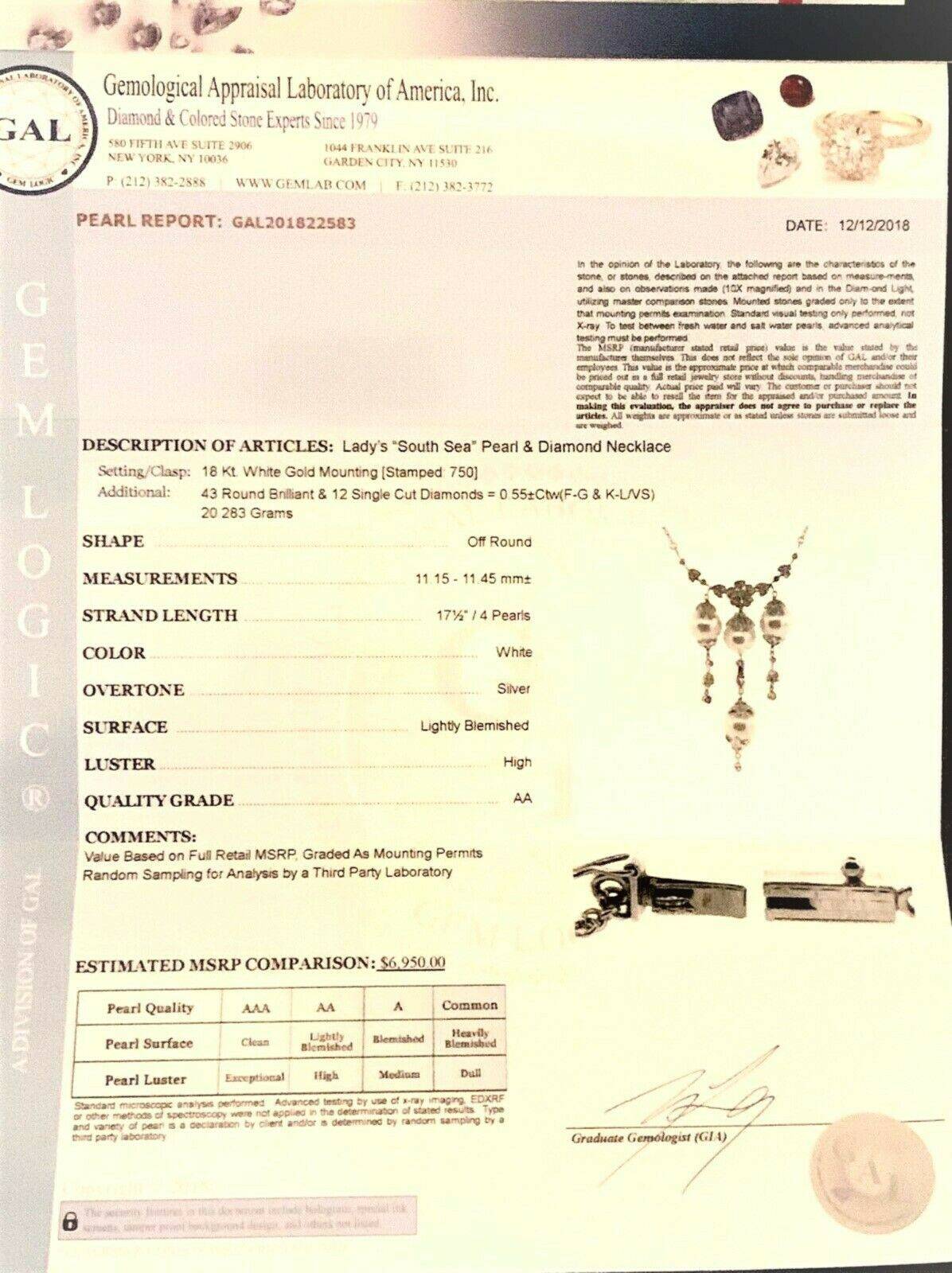 Diamond South Sea Pearl Necklace 18k Gold 11.45 mm 17.5" Certified $6,950 822583 - Certified Fine Jewelry