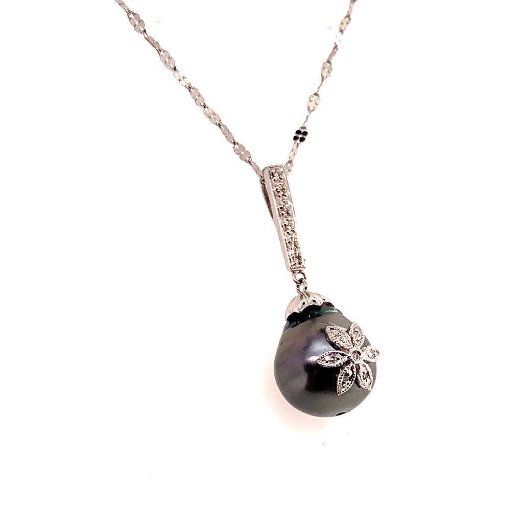Diamond Tahitian Pearl Necklace 18k Gold 12.60 mm 16" Certified $895 910818 - Certified Fine Jewelry