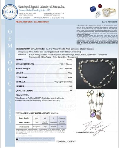 Pearl Quartz Topaz Necklace 14k Gold 7.5 mm 35.75" Italy Certified $3,490 820429 - Certified Fine Jewelry