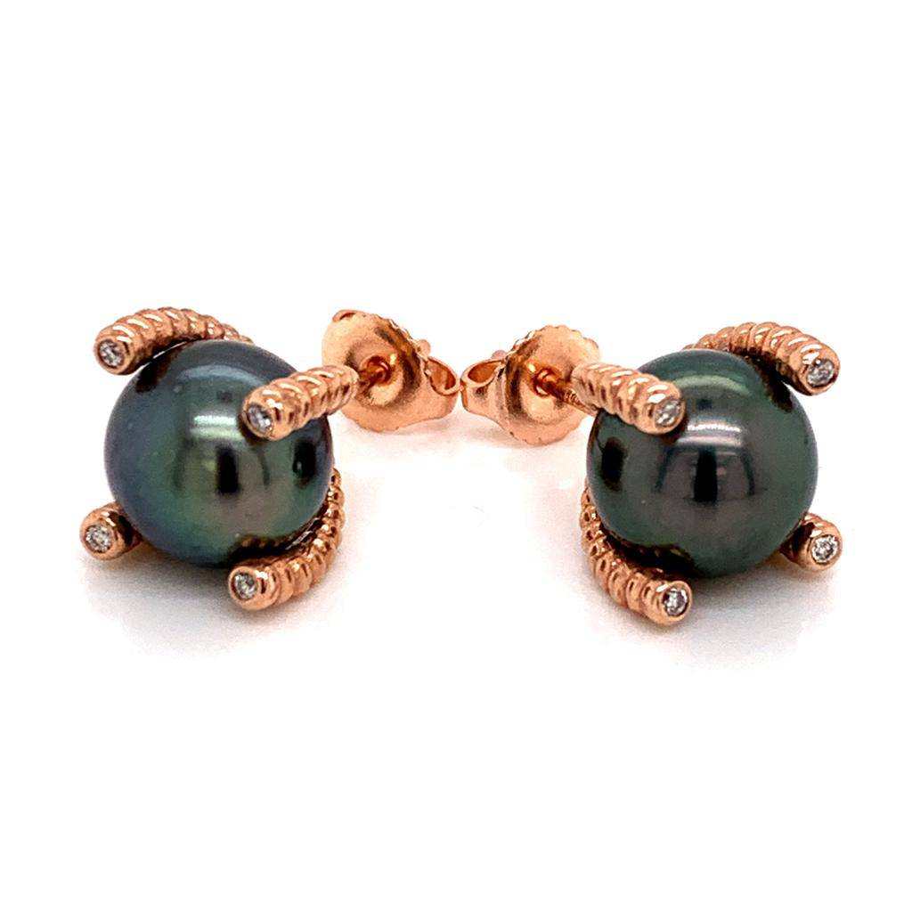 Diamond Large Tahitian Pearl Earrings 14k Gold 9.7 mm Certified $3,450 011914 - Certified Fine Jewelry