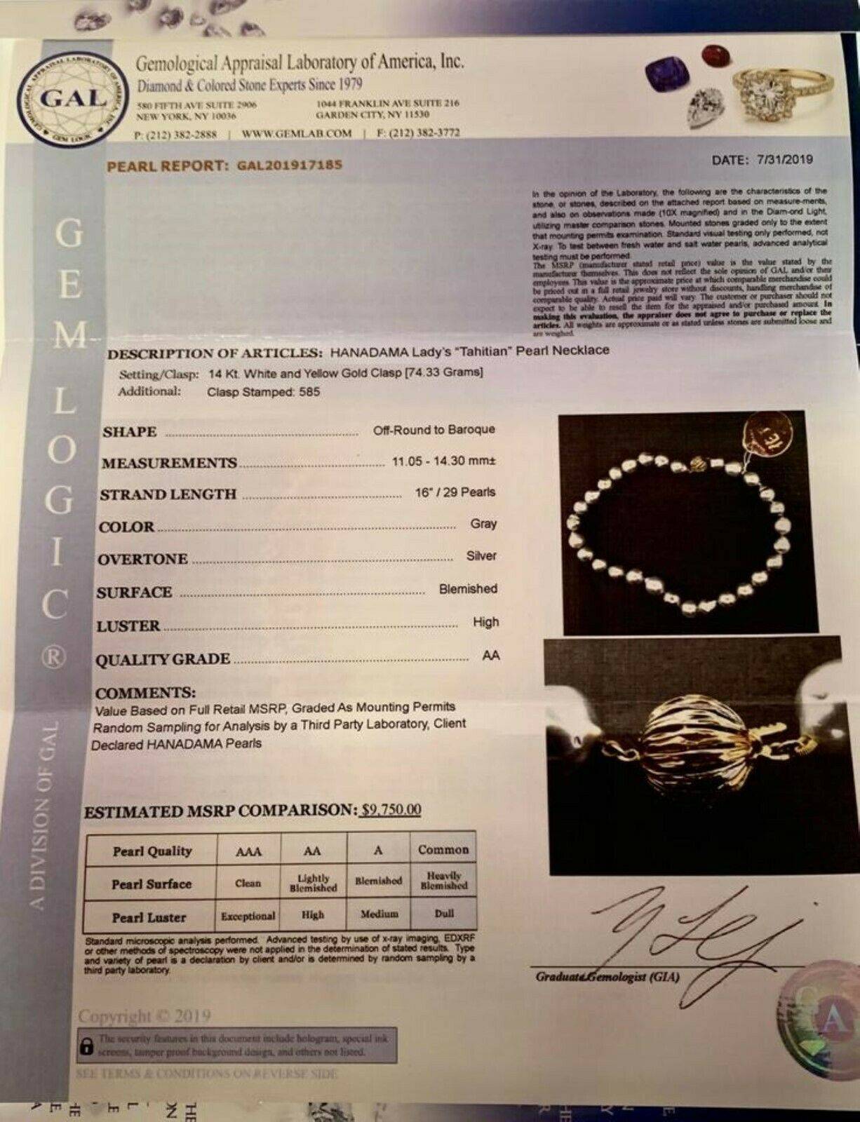 Hanadama Tahitian Pearl Necklace 14.3 mm Women 14k Gold Certified $9,750 917185 - Certified Fine Jewelry