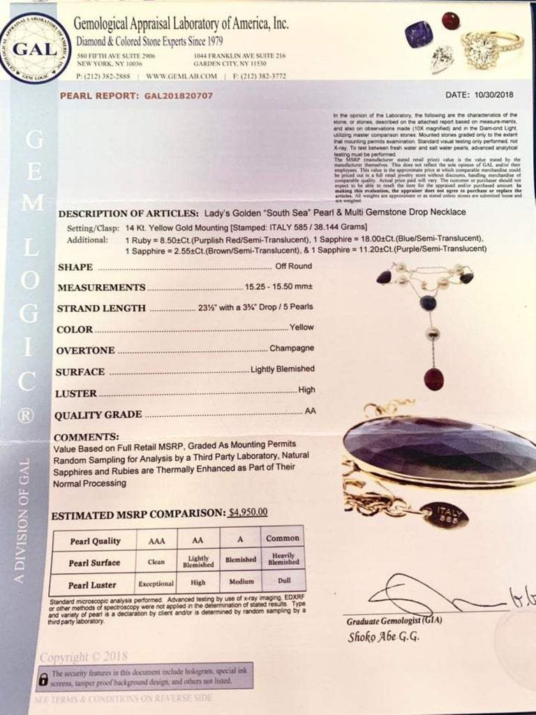 South Sea Pearl Ruby Sapphire Necklace 15.5 mm 14k Gold Certified $4,950 820707 - Certified Fine Jewelry