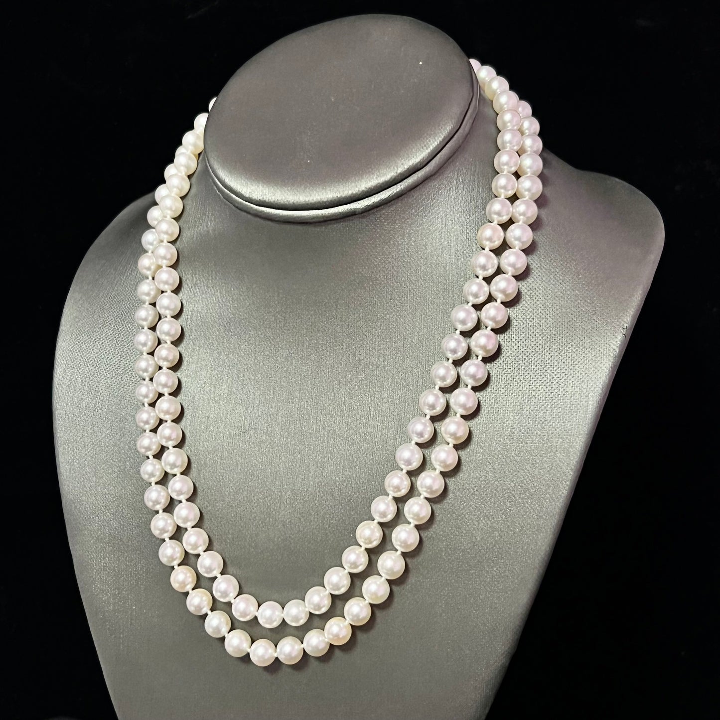Akoya Pearl Diamond 2-Strand Gold Necklace 7.5 mm 19.25" Certified $9,975 210643 - Certified Fine Jewelry