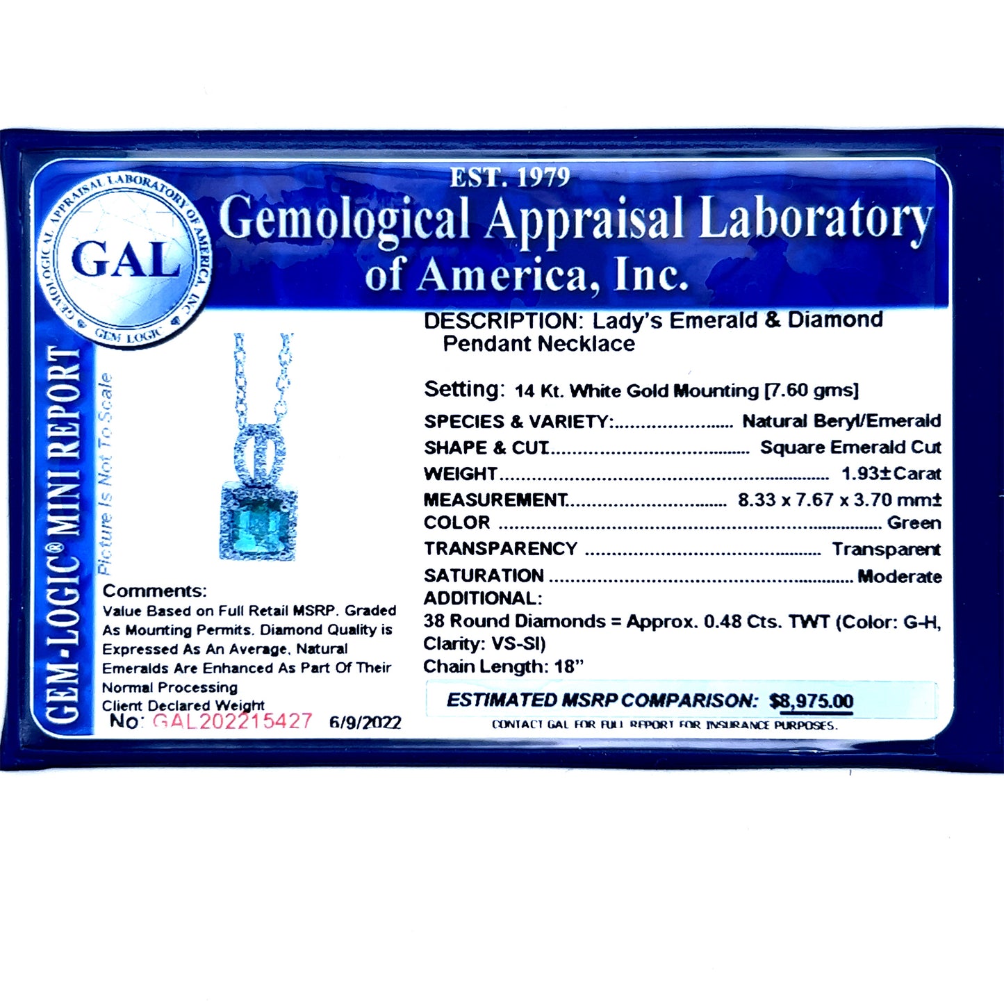 Natural Emerald Diamond Pendant Necklace 18" 14k White Gold 2.41 TCW Certified $8,975 215427 - Certified Fine Jewelry