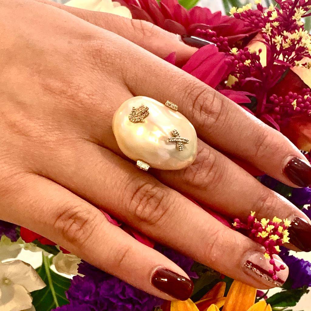 Diamond Freshwater Pearl Ring 14k Gold Baroque Women Certified $2,950 910803 - Certified Fine Jewelry