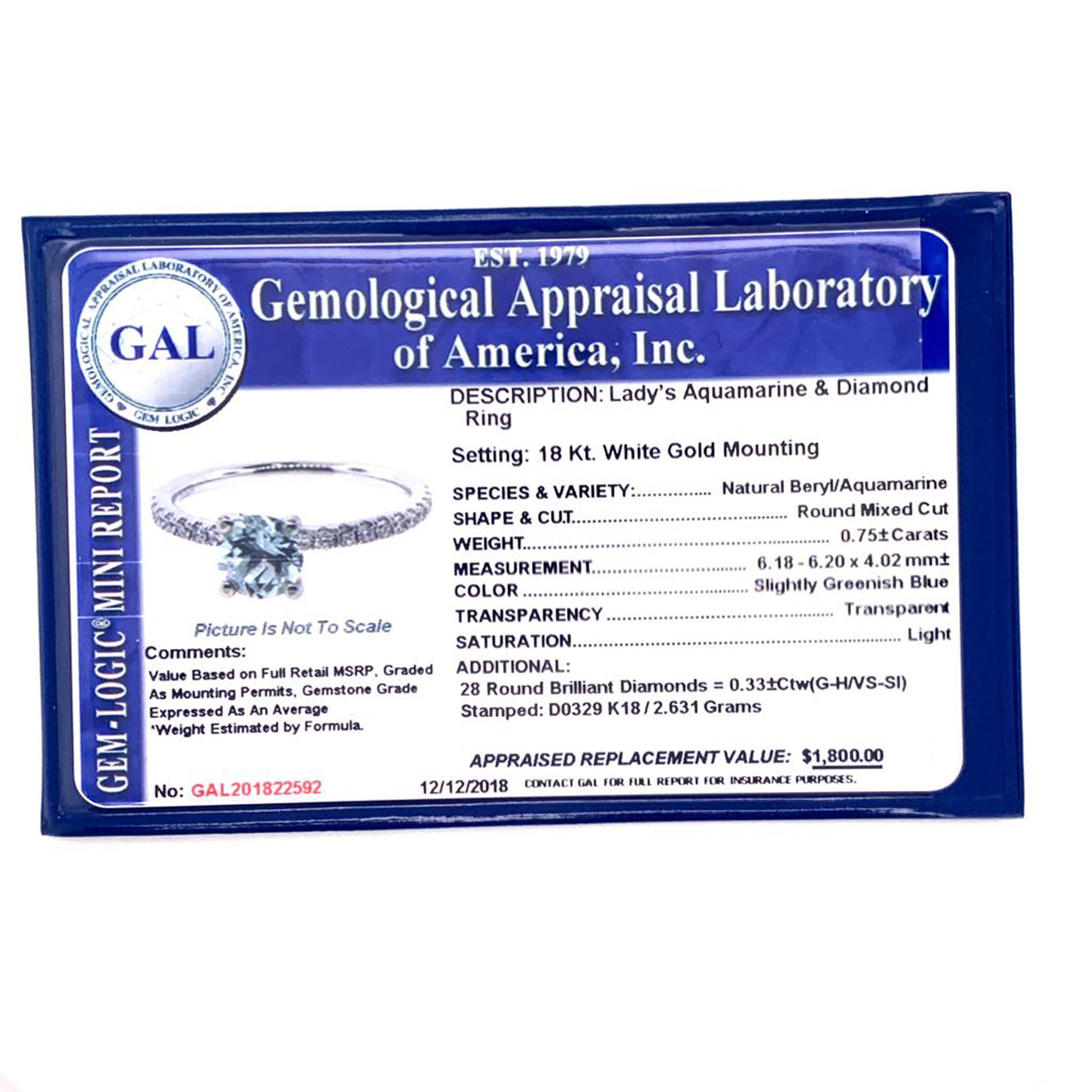 Diamond Aquamarine Ring 18k Gold 1.08 TCW Certified $1,800 822592 - Certified Fine Jewelry
