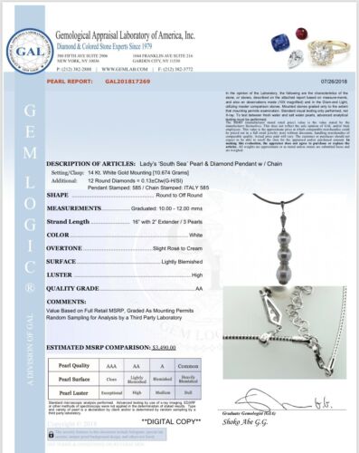Diamond South Sea Pearl Necklace 14k Gold 12 mm Italy Certified $3,490 817269 - Certified Fine Jewelry