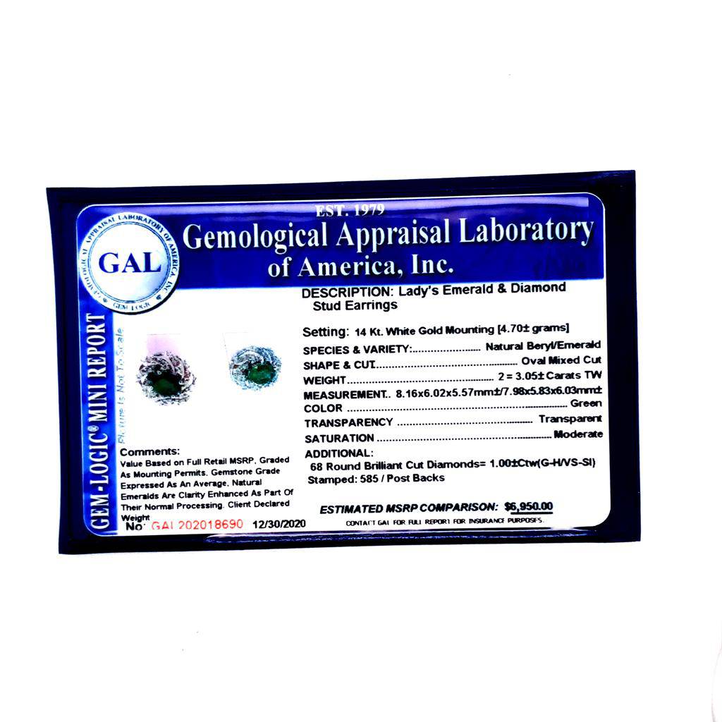 Diamond Emerald Earrings 14k W Gold 4.05 TCW Certified $6,950 018690 - Certified Fine Jewelry