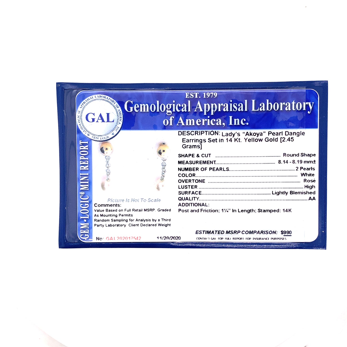 Akoya Pearl Dangle Earrings 1.25" 14k Gold 8.19 mm Certified $990 017542 - Certified Fine Jewelry