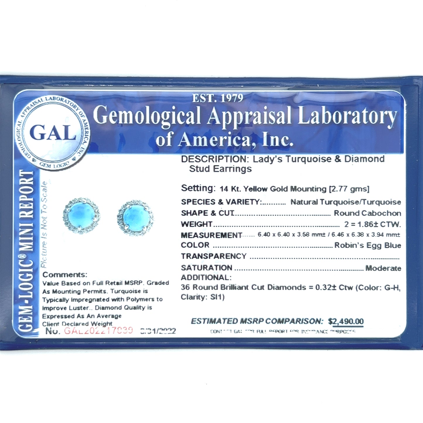 Natural Turquoise Diamond Stud Earrings 14k Yellow Gold 2.18 TCW Certified $2,490 217839 - Certified Fine Jewelry