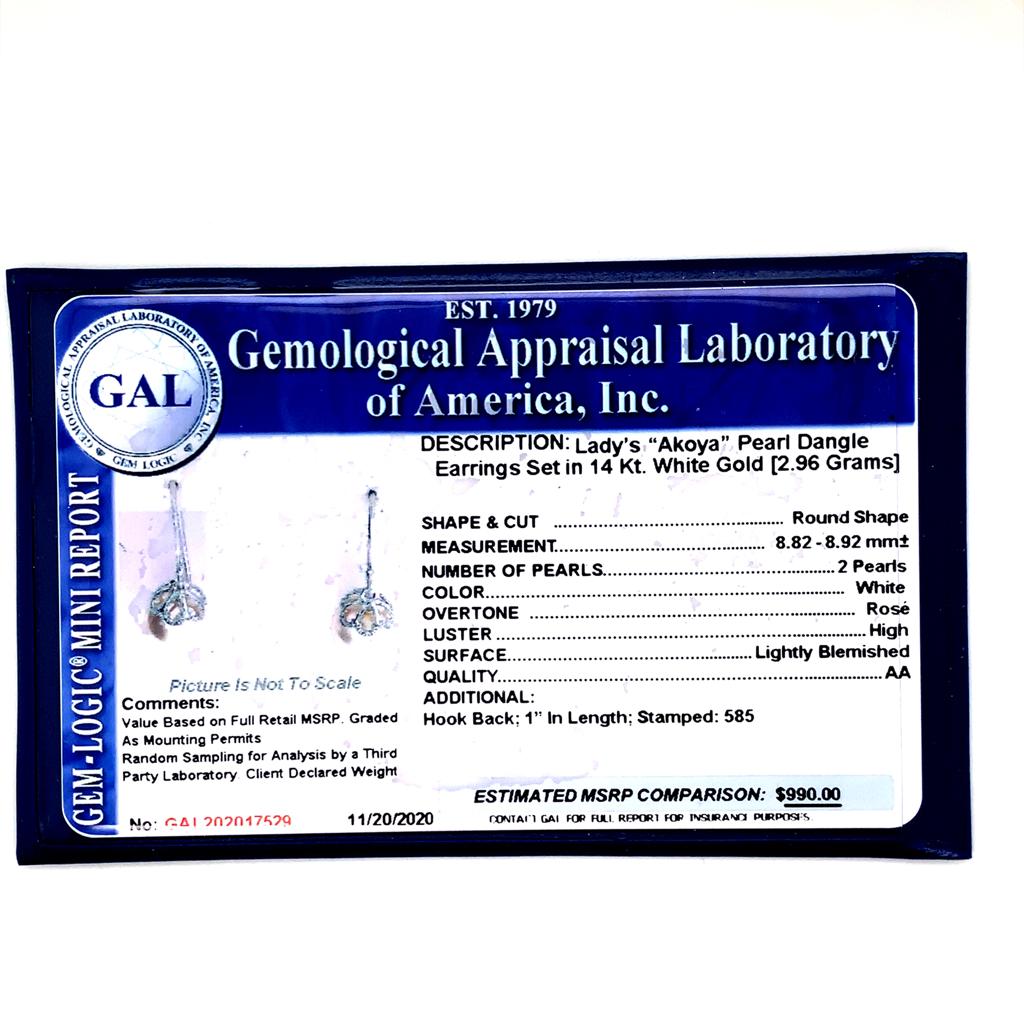 Akoya Pearl Earrings 14 KT White Gold 8.92 mm Certified $990 017529 - Certified Fine Jewelry