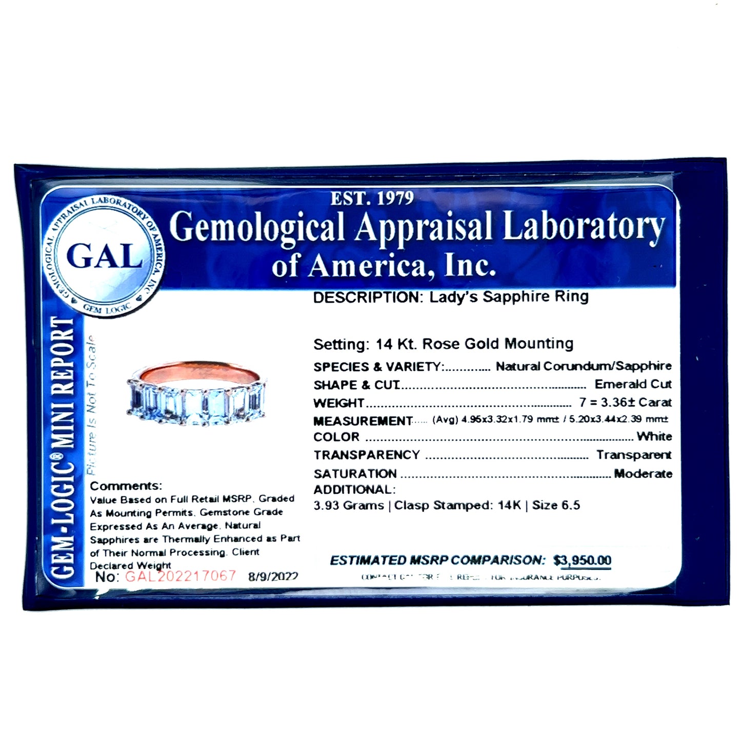 Natural Sapphire Ring Size 6.5 14k R Gold 3.36 TCW Certified $3,950 217067 - Certified Fine Jewelry