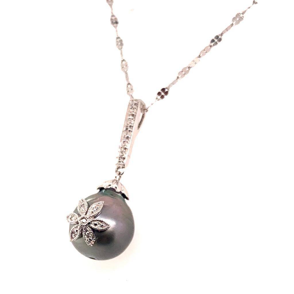Diamond Tahitian Pearl Necklace 18k Gold 12.60 mm 16" Certified $895 910818 - Certified Fine Jewelry
