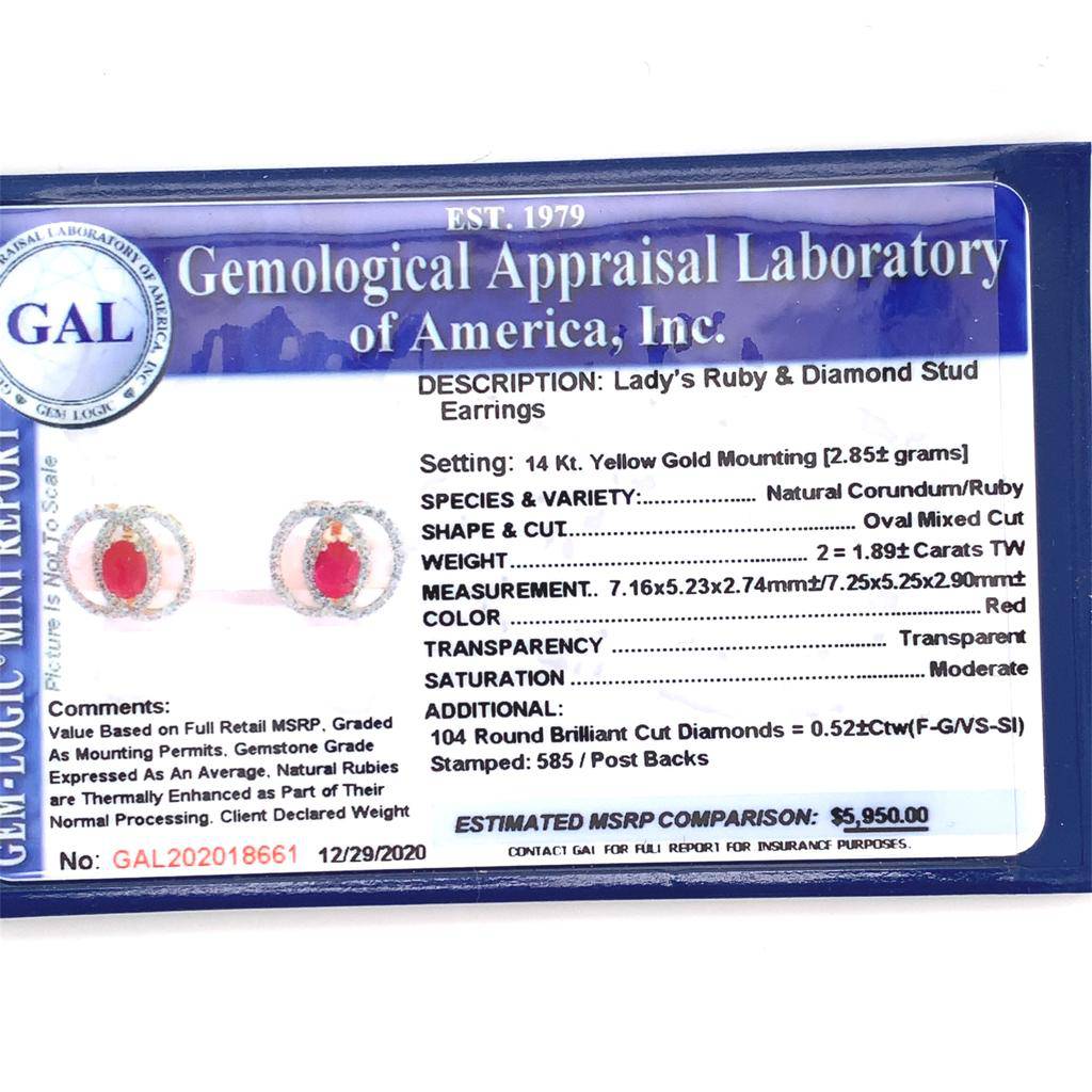 Diamond Ruby Stud Earrings 14k Yellow Gold 2.41 TCW Certified $5,950 018661 - Certified Fine Jewelry