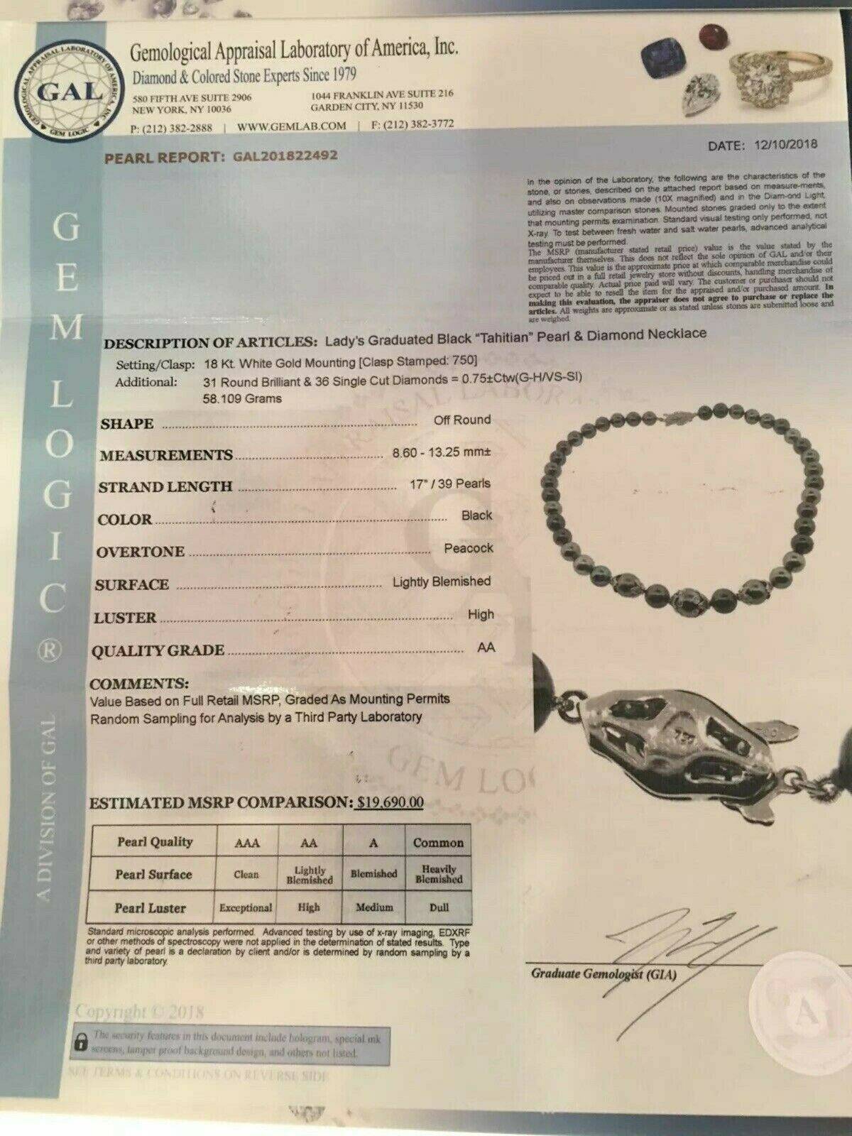 Diamond Tahitian Pearl Necklace 18k Gold 13.25 mm 17" Certified $19,690 822492 - Certified Fine Jewelry